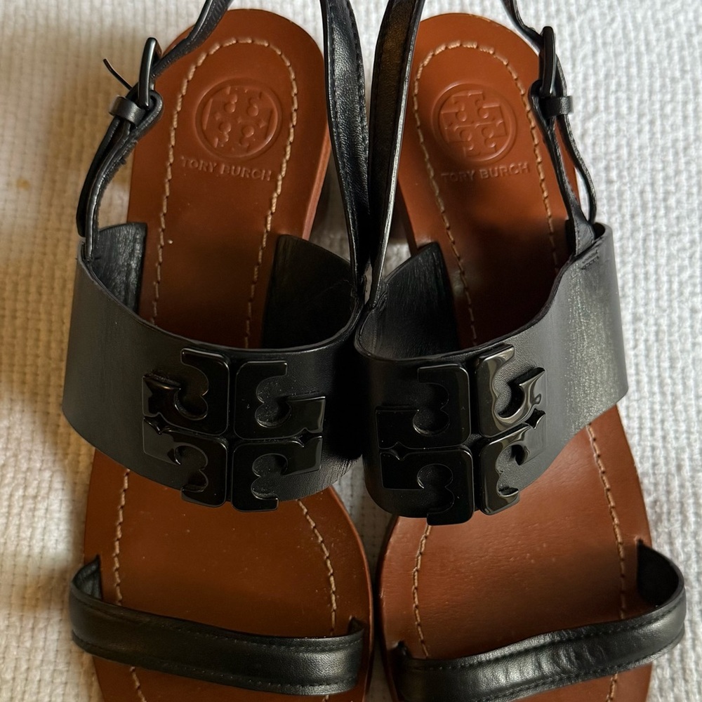 Tory Burch Black Lowell Napa Leather Block Heels Black Sz 7 Sandals. Excellent - Picture 5 of 14